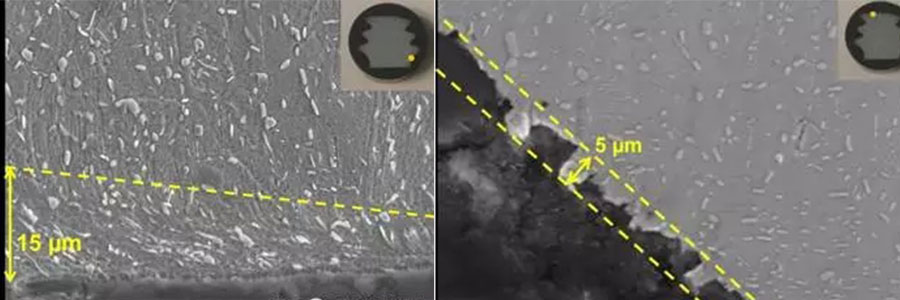 Figure 4 SEM image of the twisted layer of the middle sample. The location of the study is marked with yellow dots in the inset.